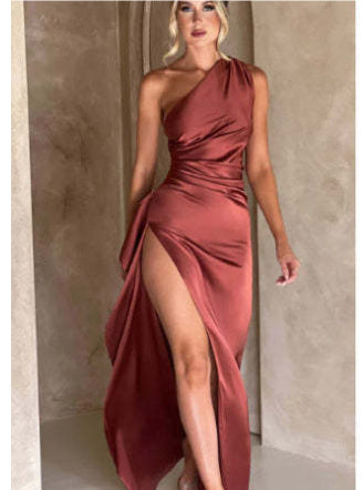One Shoulder Backless Slit Satin Maxi Dress Women's Evening Party
