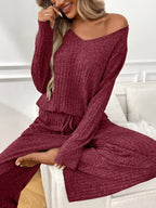 Sarah Express Women's Ribbed Long Sleeve Top and Pants Lounge Set