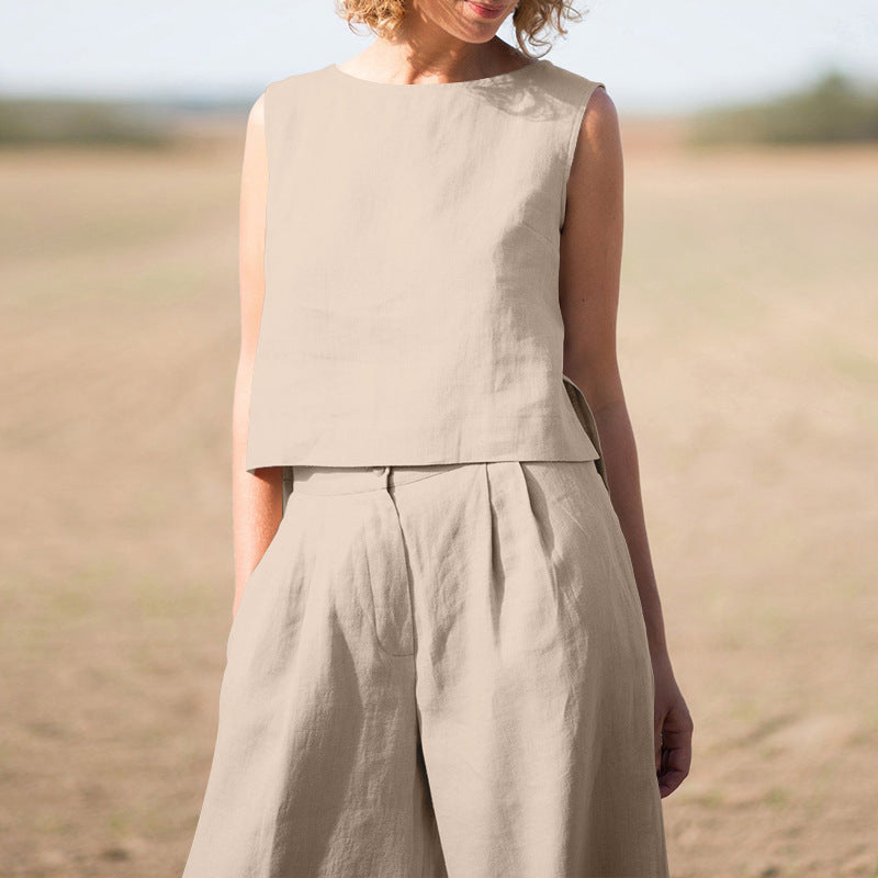 Cotton Linen Loose Two-Piece Set Top and Pants