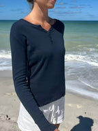 Sarah Express Women's Striped Long Sleeve Henley T-Shirt