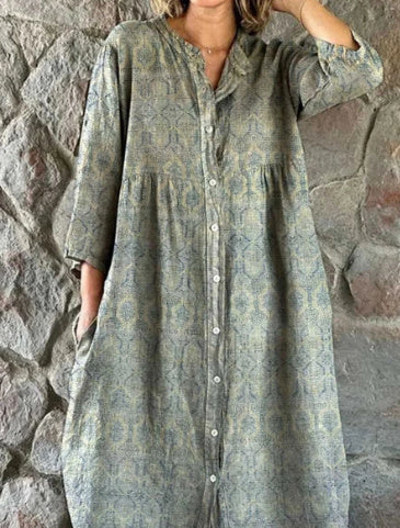 Casual Standing Collar Button Long Dress