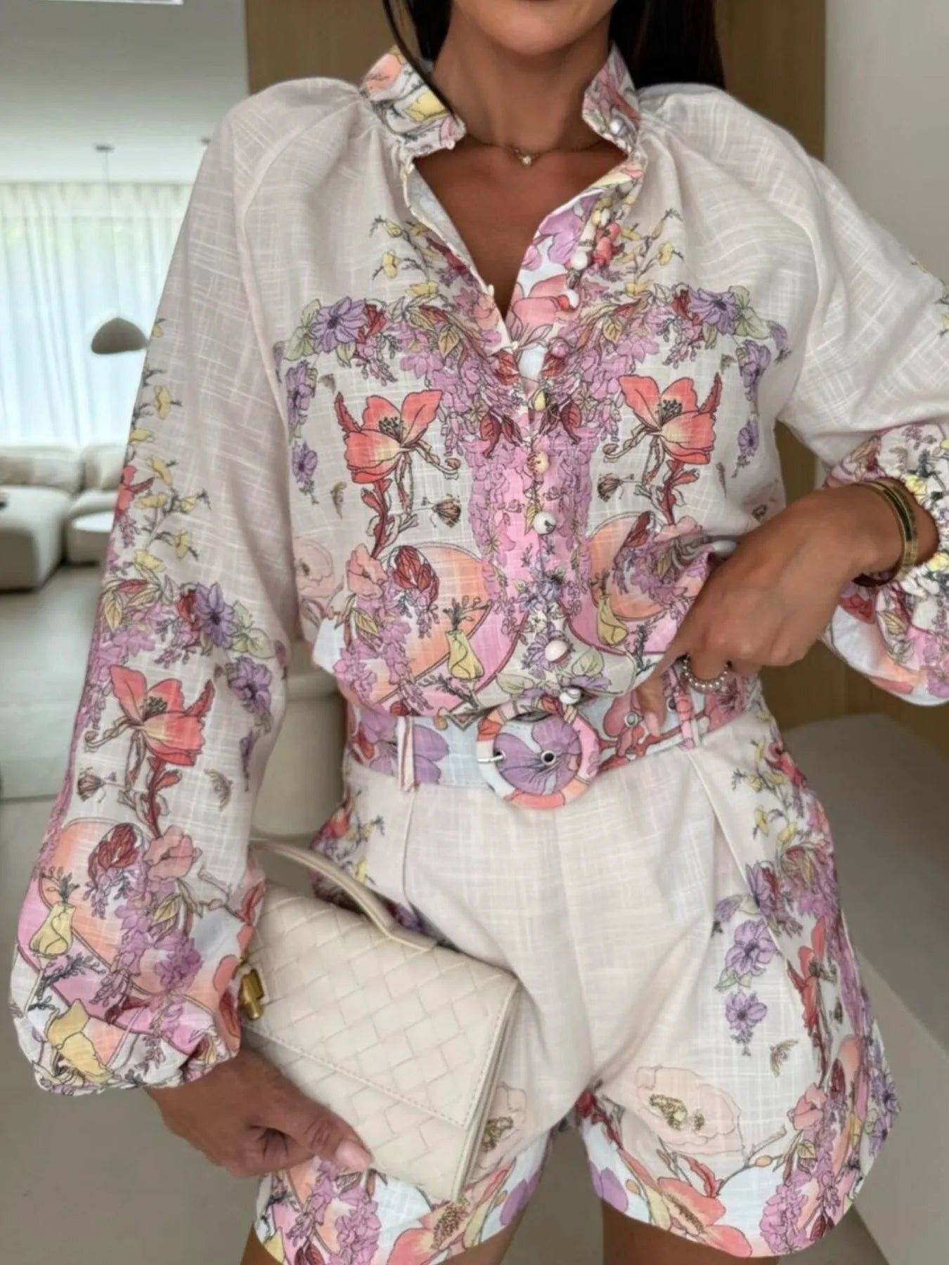 Sarah Express Women's Printed Long Sleeve Shirt and Shorts Set