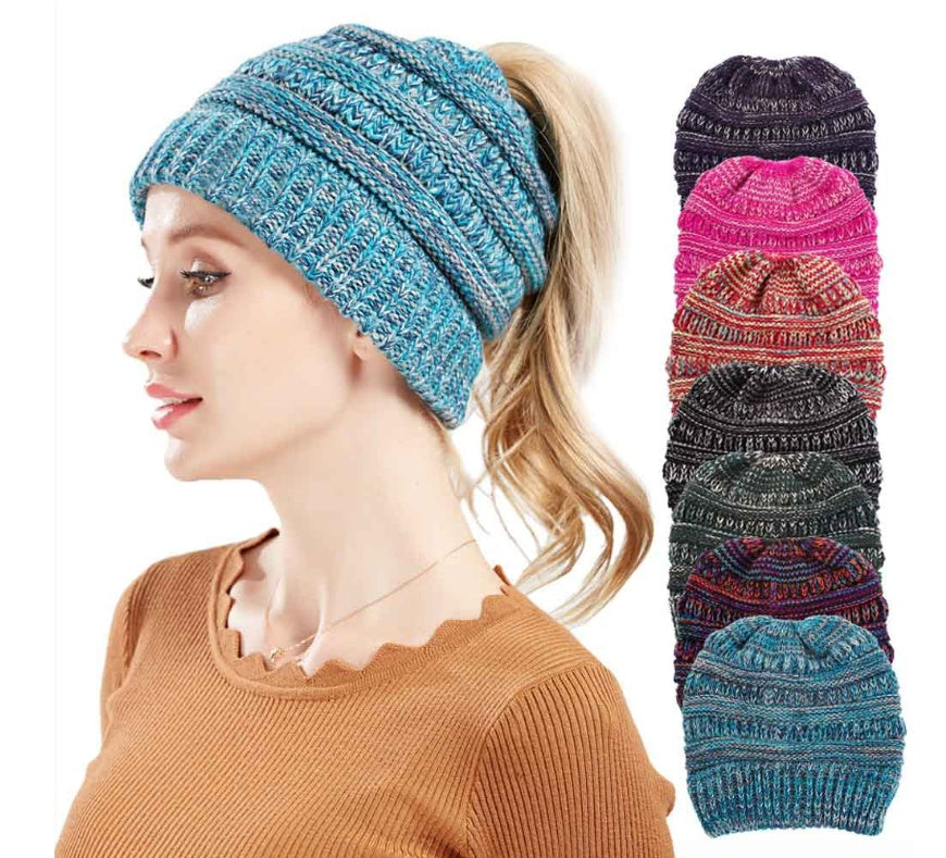 Women's Ponytail Beanie Knit Winter Hat Messy Bun