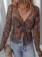 Sarah Express Women's Leopard Sheer Mesh Long Sleeve V Neck Lace-Up Blouse