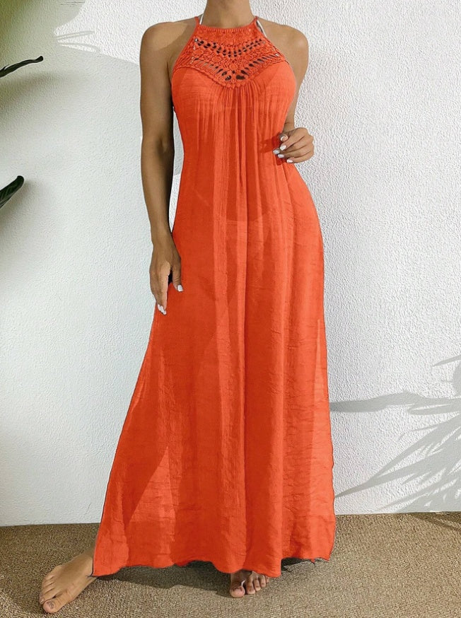 Women's Halter Neck Hollow Out Maxi Dress Swimsuit Cover Up