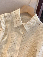 Sarah Express Women's Eyelet Button-Up Shirt with Scalloped Hem