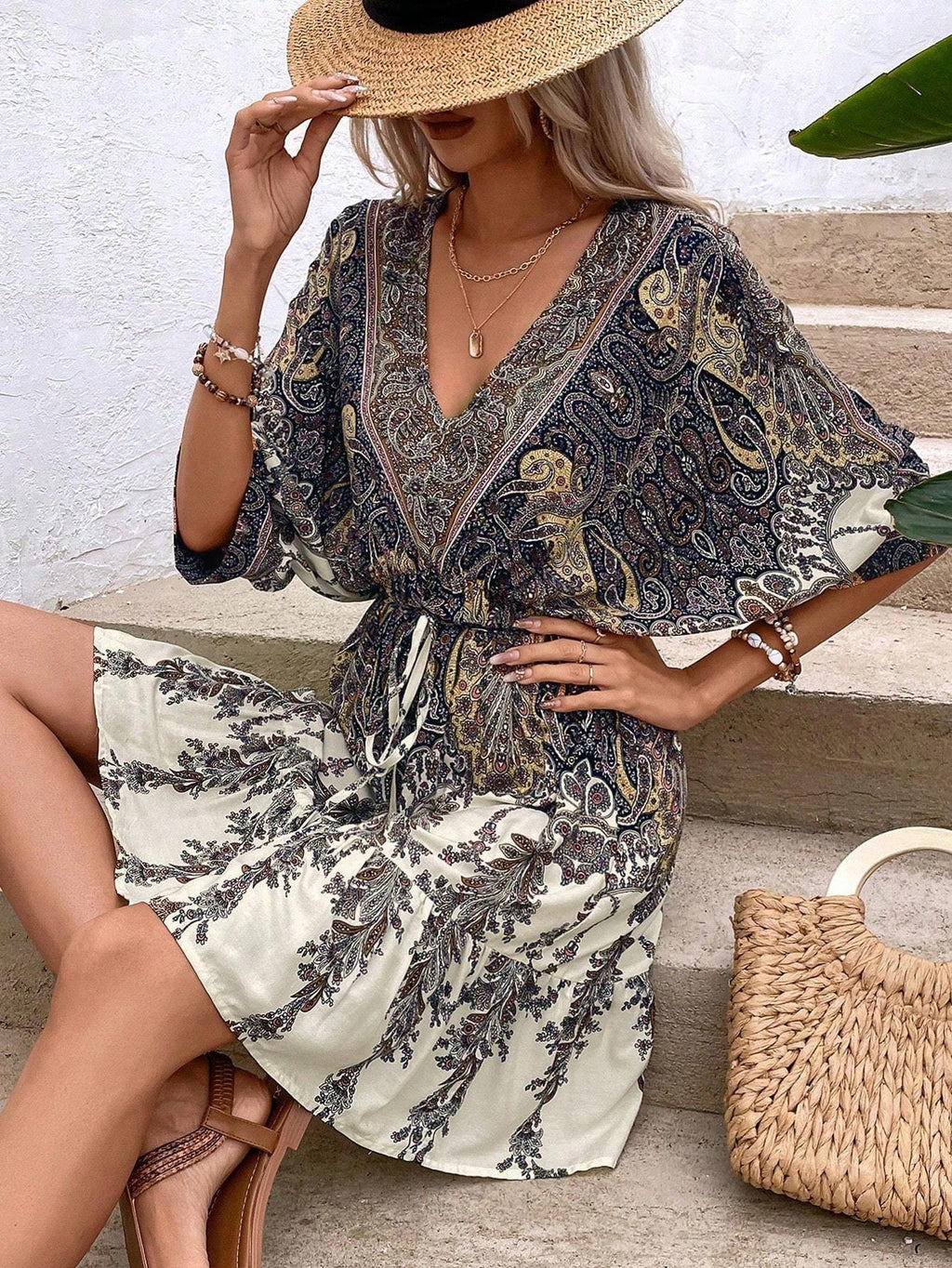 Women's Paisley Print Batwing Sleeve Ruffle Hem Dress Tassel Tie Front