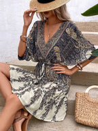Women's Paisley Print Batwing Sleeve Ruffle Hem Dress Tassel Tie Front