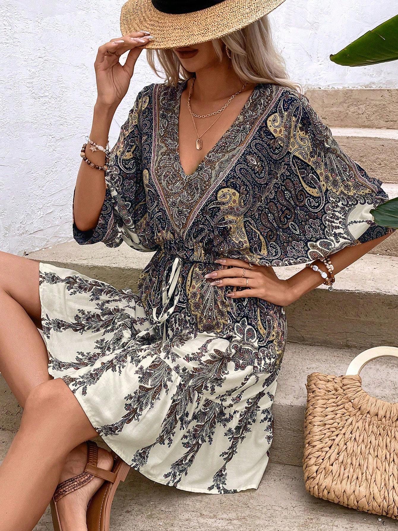 Women's Paisley Print Batwing Sleeve Ruffle Hem Dress Tassel Tie Front