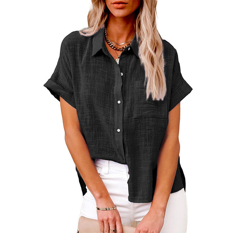 Women's Cotton Linen Short Sleeve Shirt Casual Button Up with Pockets