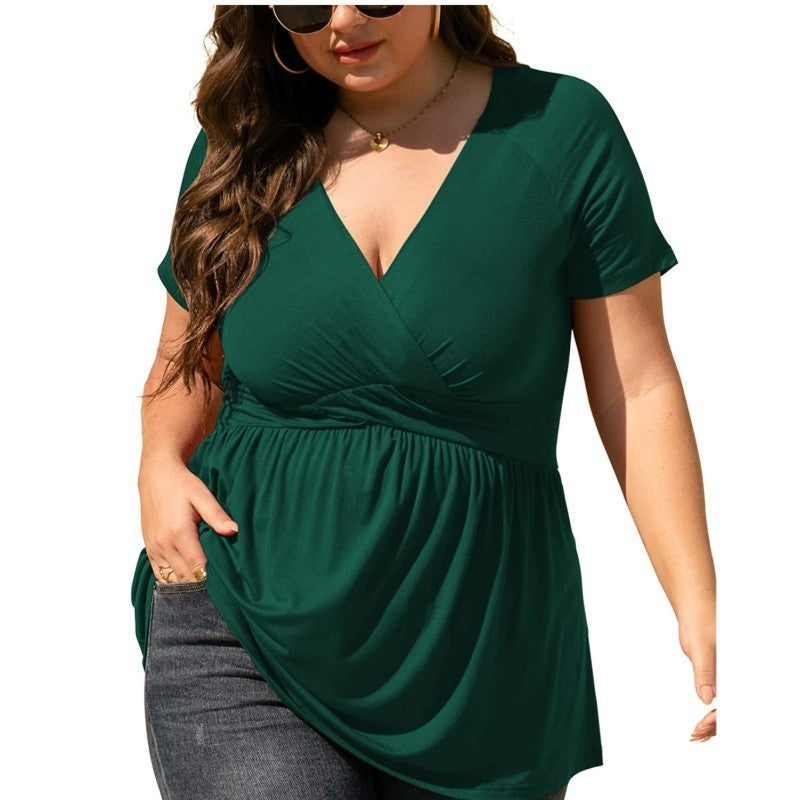 Women's V-Neck Short Sleeve T-Shirt with Pleated Detail Pullover Top