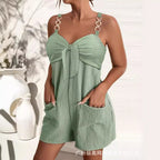 High Waist Sleeveless Romper Jumpsuit Metal Strap Pockets