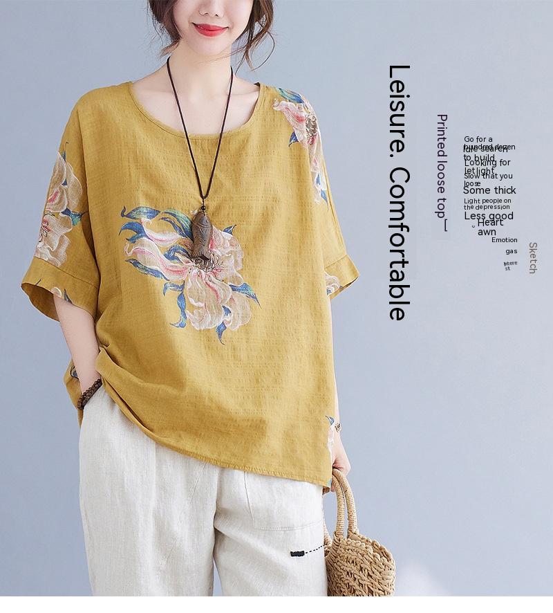 Women's Cotton Linen Printed Top Oversized Short Sleeve Summer Casual Relaxed Fit