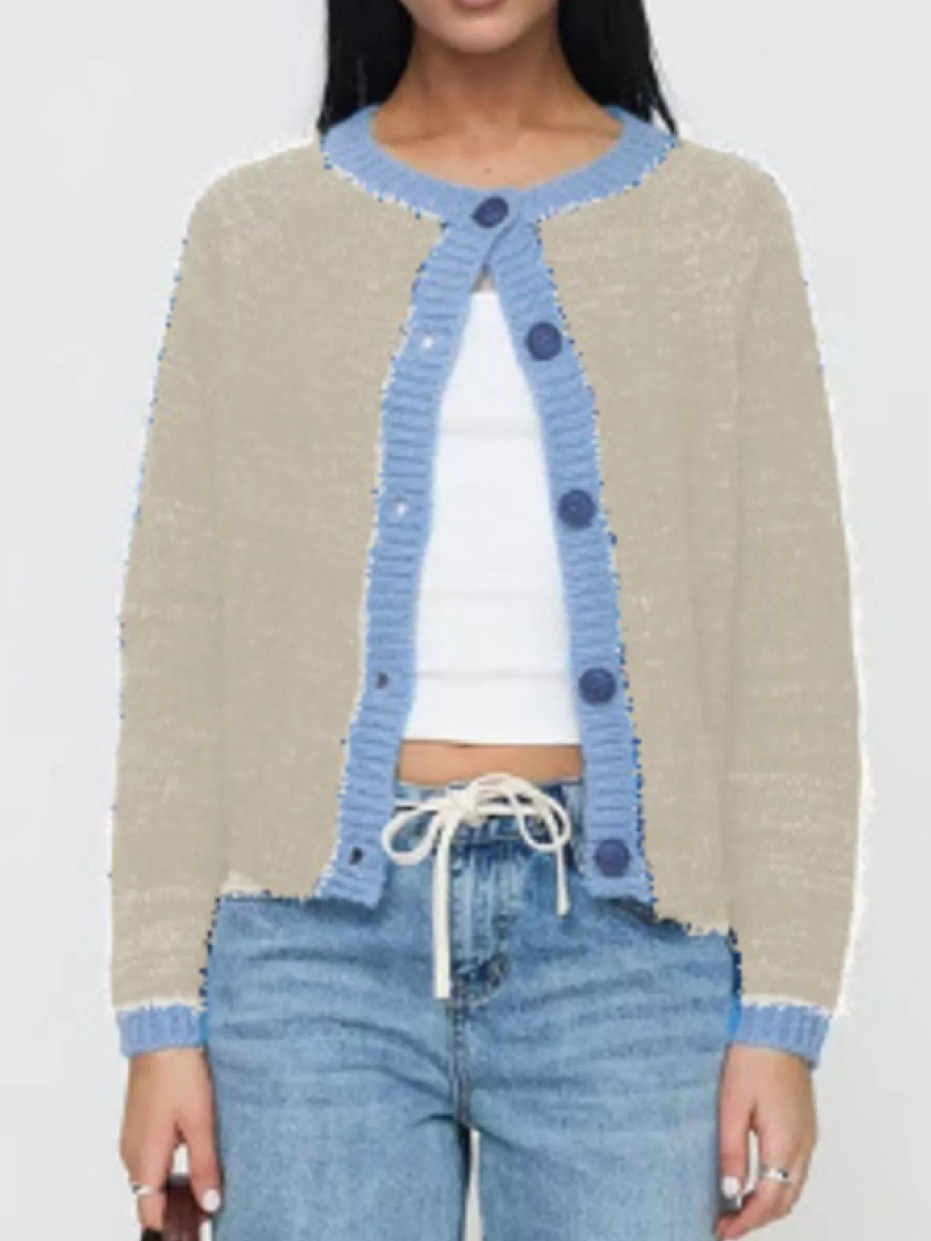 Sarah Express Women's Contrast Trim Button-Up Cardigan Khaki