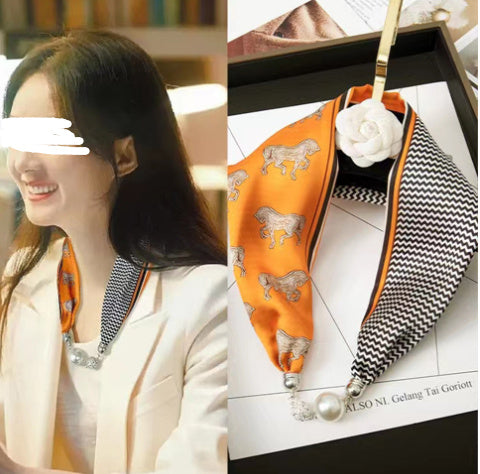 Magnetic Buckle Silk Scarf with Pearl Detail Women's Rectangular Necklace Scarf