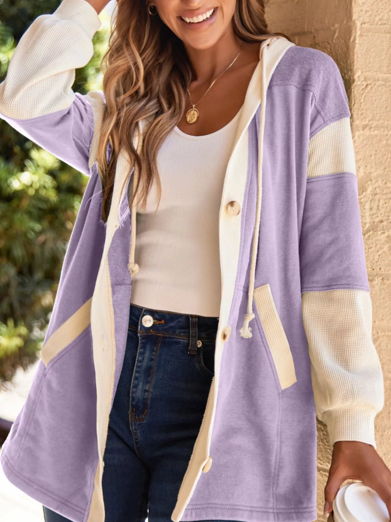 Sarah Express Women's Waffle Knit Color Block Patchwork Button Front Oversize Hoodie