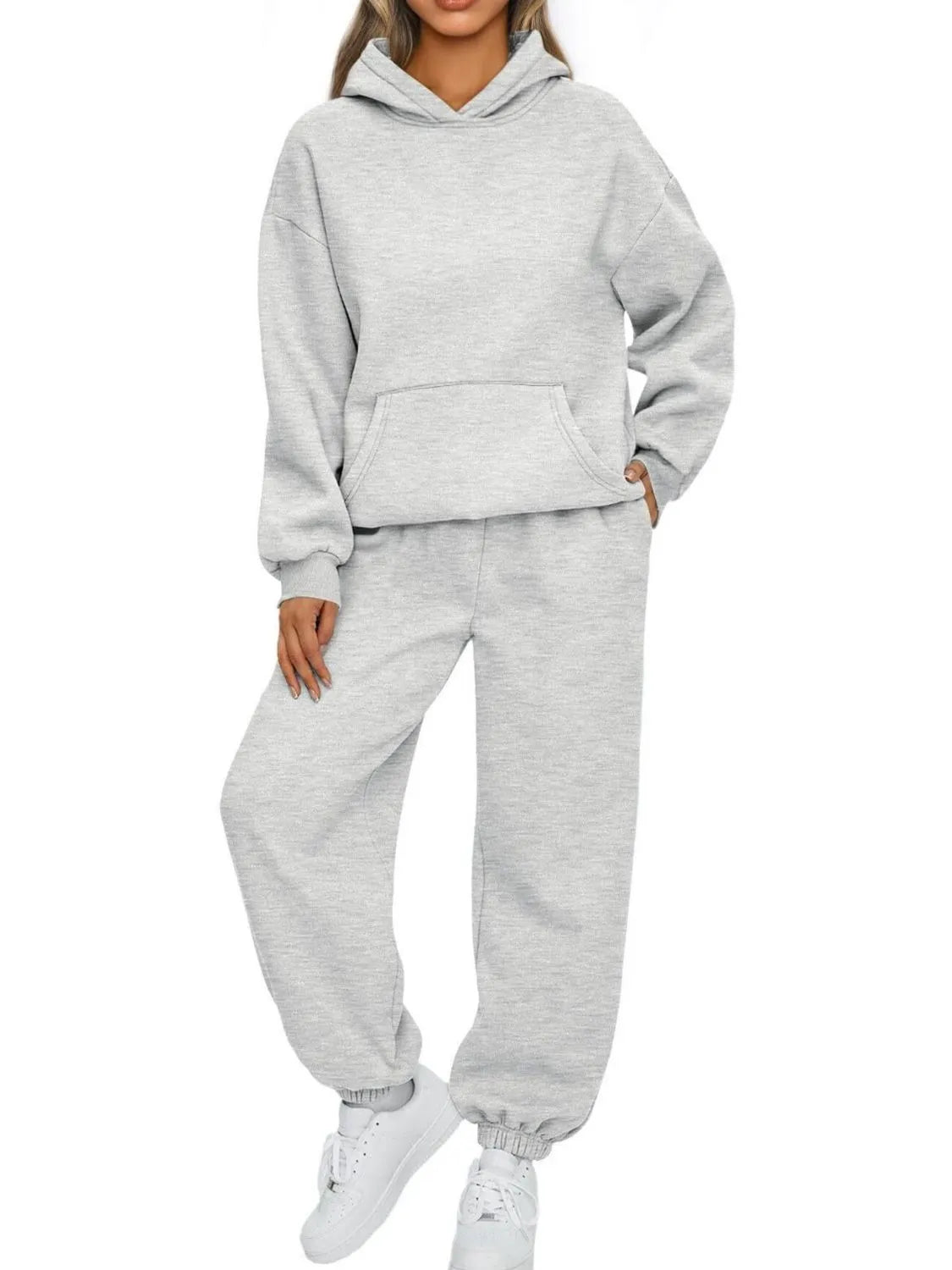 Sarah Express Women's Kangaroo Pocket Hoodie and Joggers Set Plus Size Light Gray