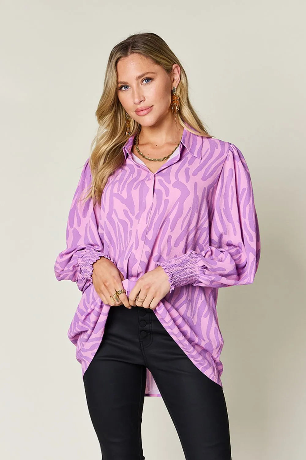 Sarah Express Women's Printed Smocked Long Sleeve Blouse Plus Size Lavender