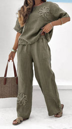 Women's Embroidered 2-Piece Set Quarter Sleeve Top High Waist Pants