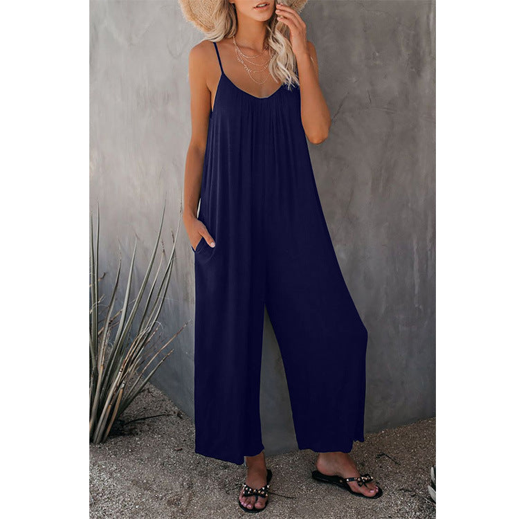 Women's Sleeveless Jumpsuit with Pockets - Casual Loose Fit Romper