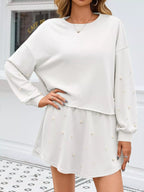 Sarah Express Women's Pearl Embellished Round Neck Top and Skort Set