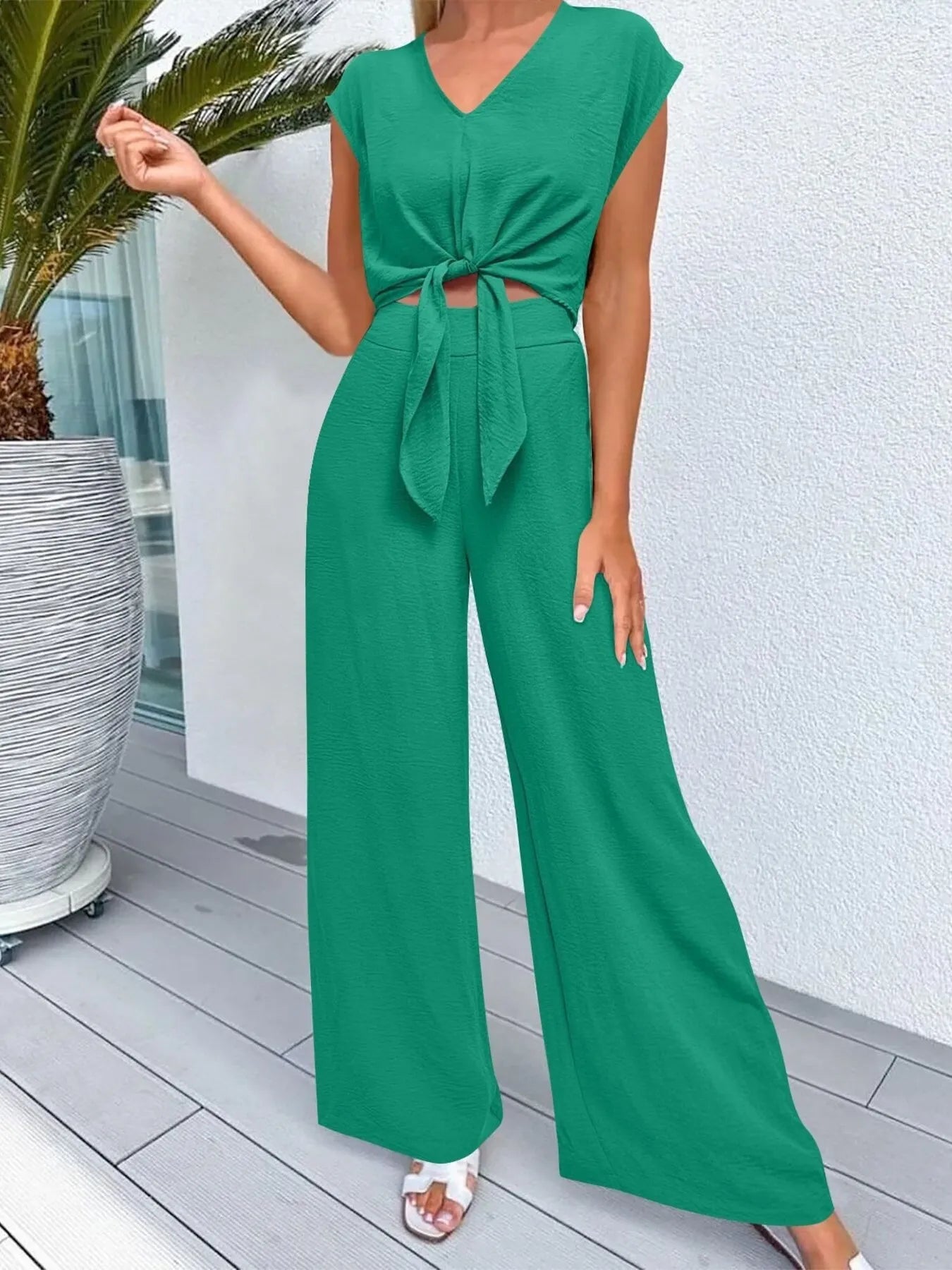Sarah Express Women's Tie Front Top and Wide Leg Pants Set Green