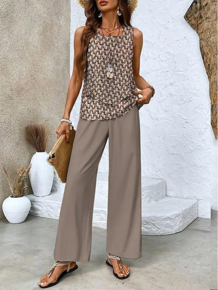 Women's Print Two-Piece Set Sleeveless Double Layer Vest Top Loose Straight Pants Floral Suit
