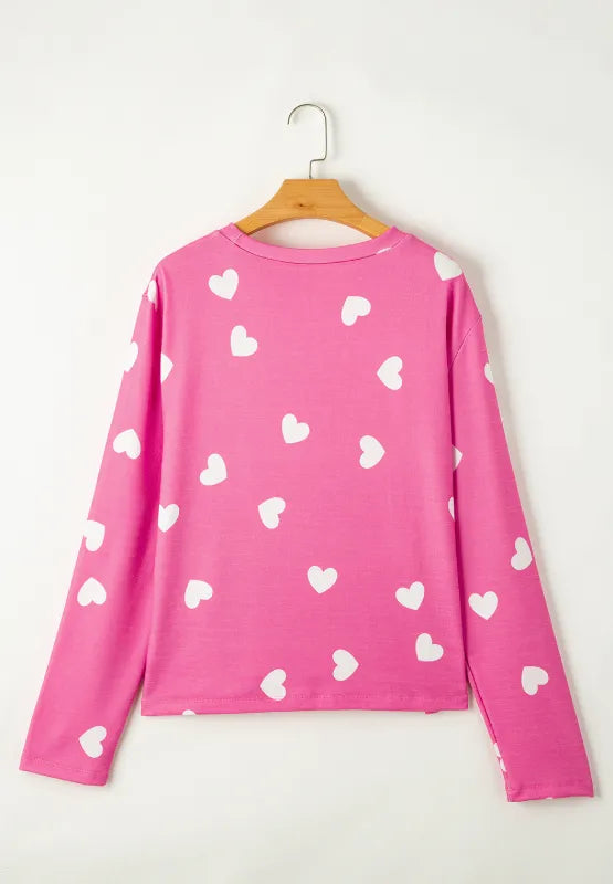 Sarah Express Women's Heart Round Neck Long Sleeve Top and Elastic Waist Shorts Set