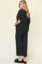 Sarah Express Women's Textured Round Neck T-Shirt and Wide Leg Pants Set