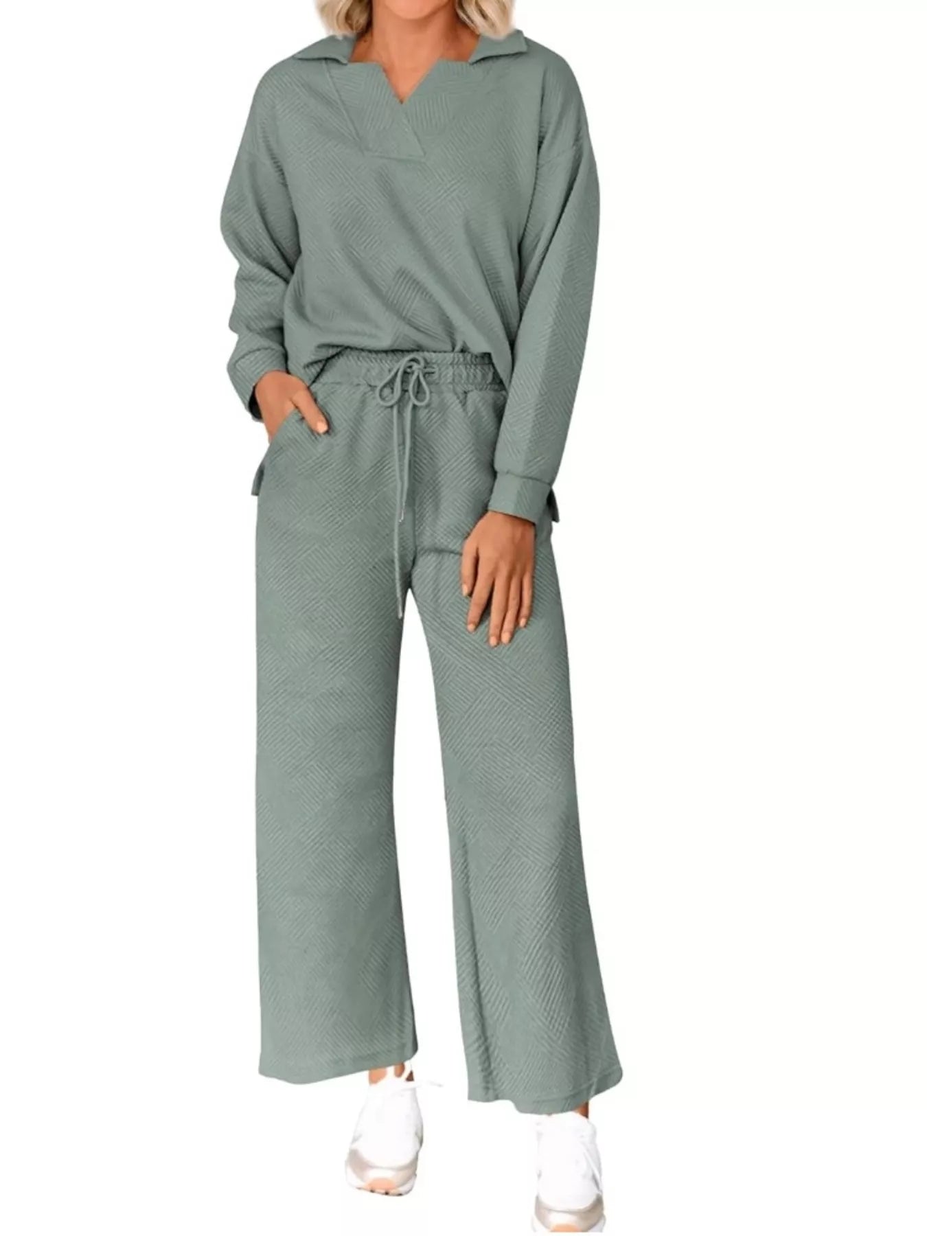 Sarah Express Women's Side Slit Textured Top and Drawstring Pants Set Sage