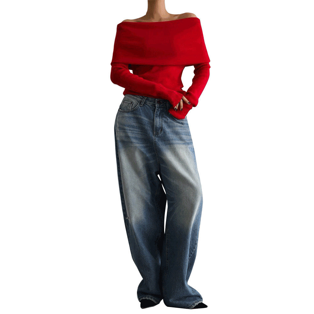 Women's Off-Shoulder Knitted Long Sleeve Top Slim Fit Pullover Sweater