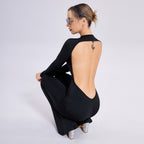 Women's Long Sleeve Open-Back Slim-Fit Straight-Leg Jumpsuit Evening Wear