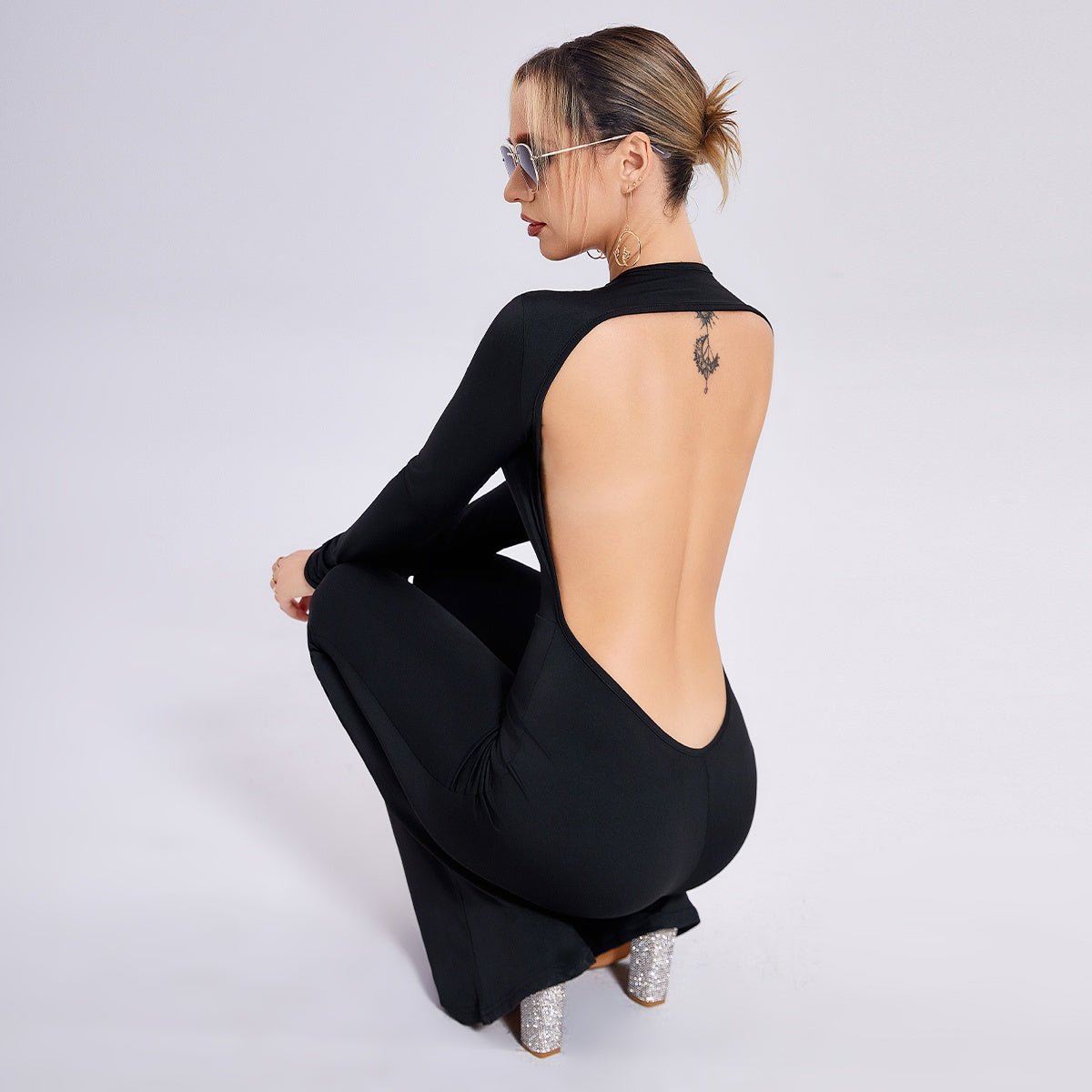 Women's Long Sleeve Open-Back Slim-Fit Straight-Leg Jumpsuit Evening Wear