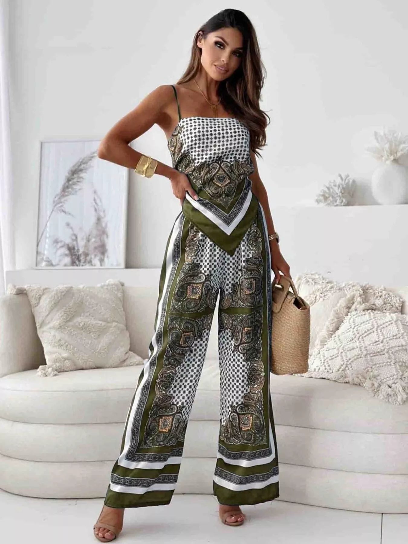 Sarah Express Women's Tie Back Printed Cami and Pants Set - Two Piece Outfit Green