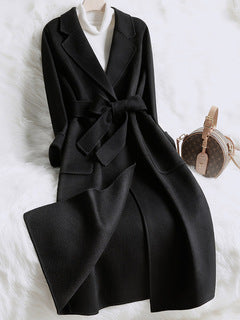 Women's Belted Slim Fit Woolen Coat Medium Length