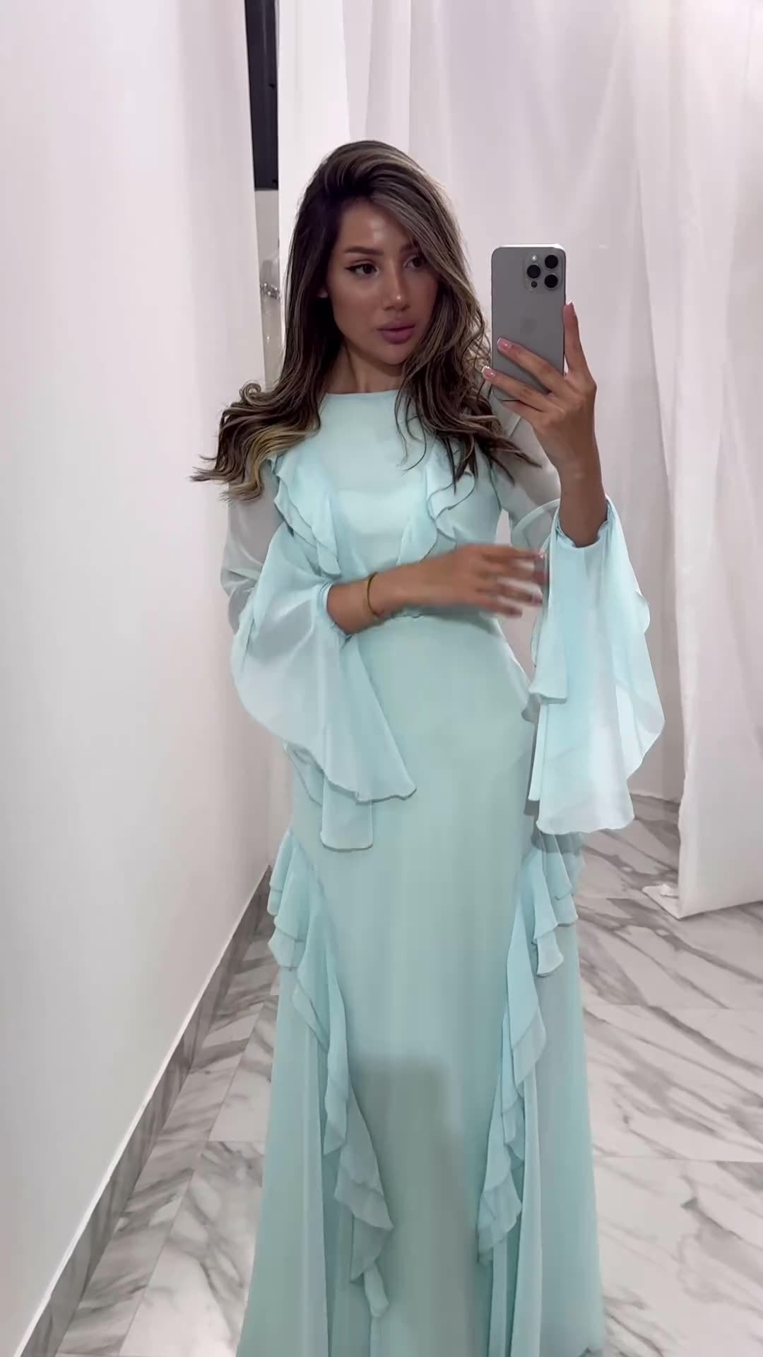 Women's Ruffled Maxi Dress Round Neck Long Sleeve Wedding Party