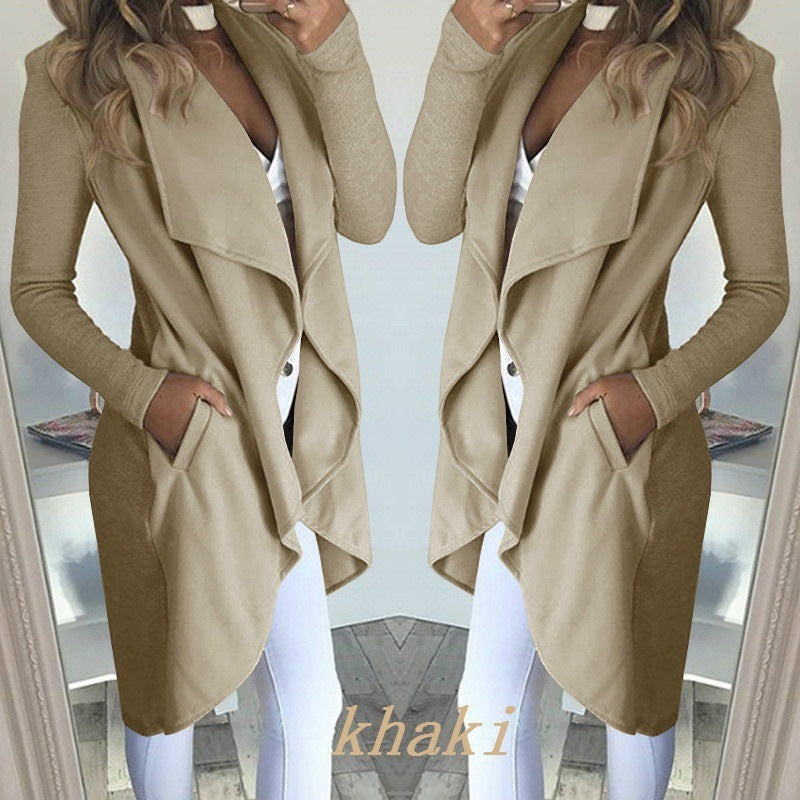 Women's Plus Size Polo Collar Long Trench Coat Slim Fit
