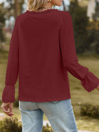 Sarah Express Women's Lace Trim V-Neck Blouse with Flounce Sleeves