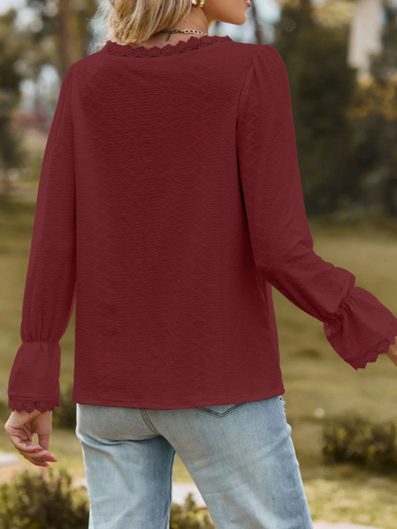 Sarah Express Women's Lace Trim V-Neck Blouse with Flounce Sleeves