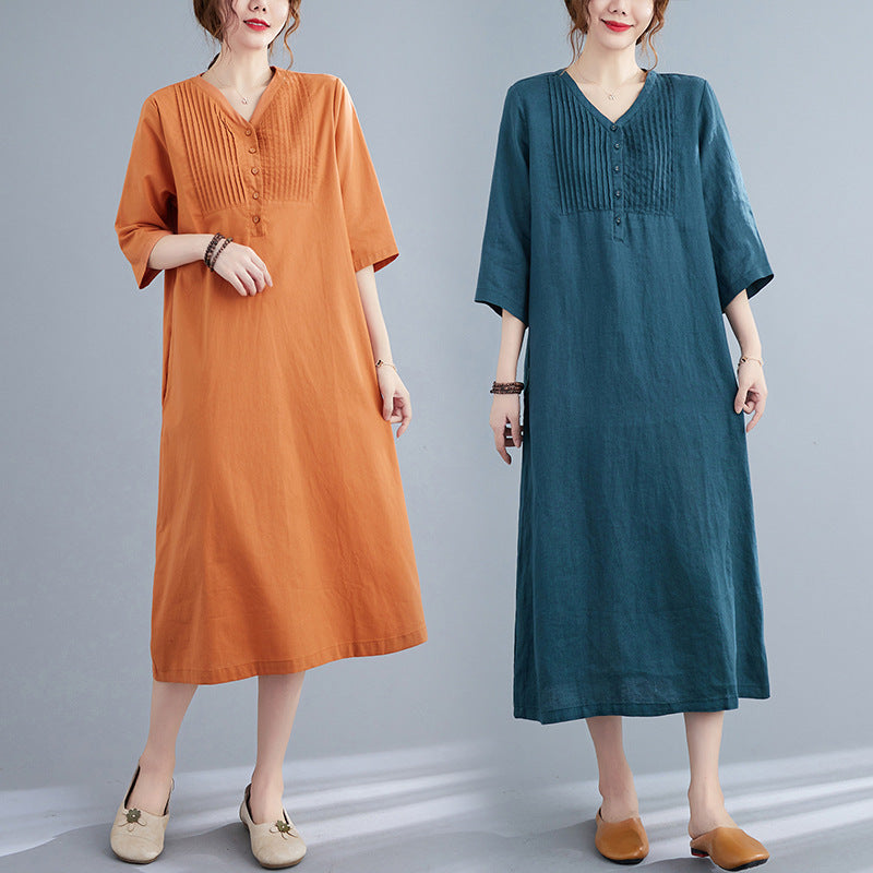 Cotton Linen V-Neck Midi Dress A-Line Retro