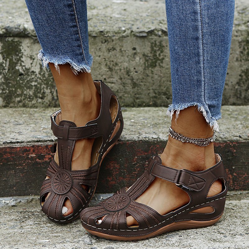 Sarah Express Cutout Round-Toe Velcro Beach Sandals Dark Brown