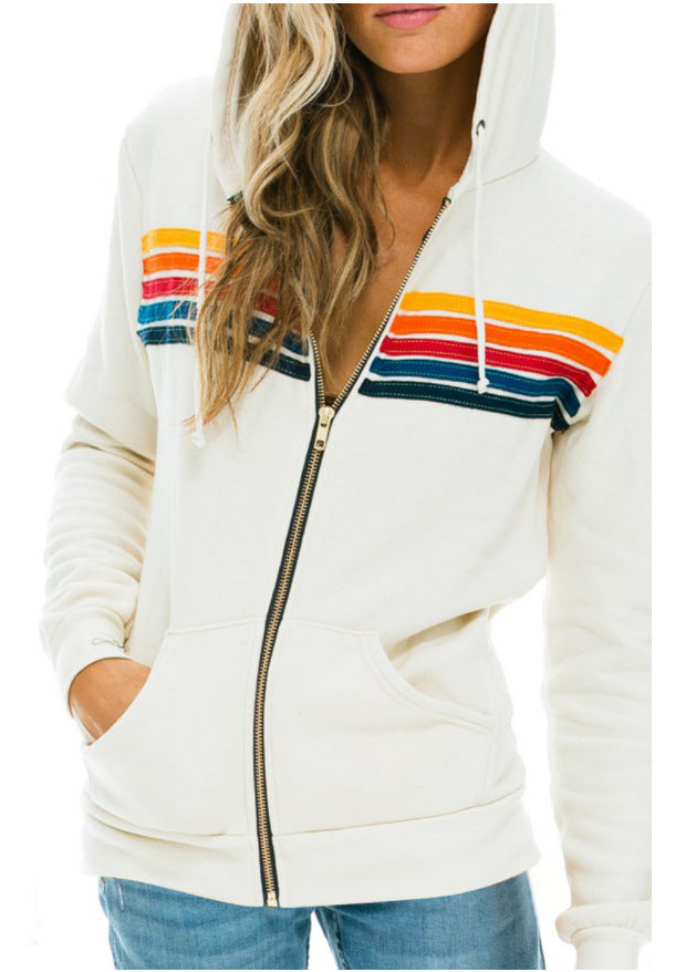 Women's Rainbow Stripe Contrast Color Sweater Jacket Cardigan