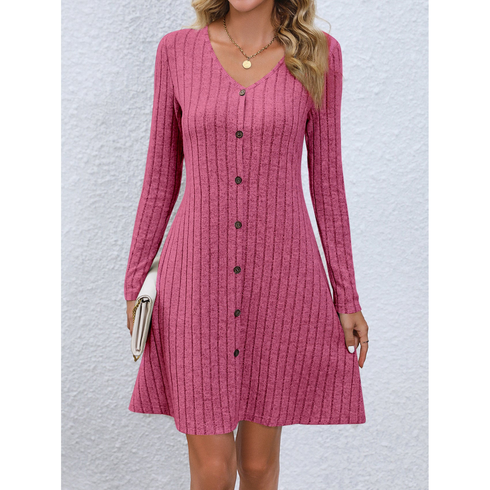 Button Waist Long Sleeve Dress Midi Length
