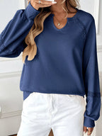 Sarah Express Women's Notched Raglan Sleeve Sweatshirt with Lace Detail Dark Blue