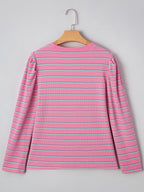 Sarah Express Women's Stripe Textured Knit Round Neck Puff Sleeve Top