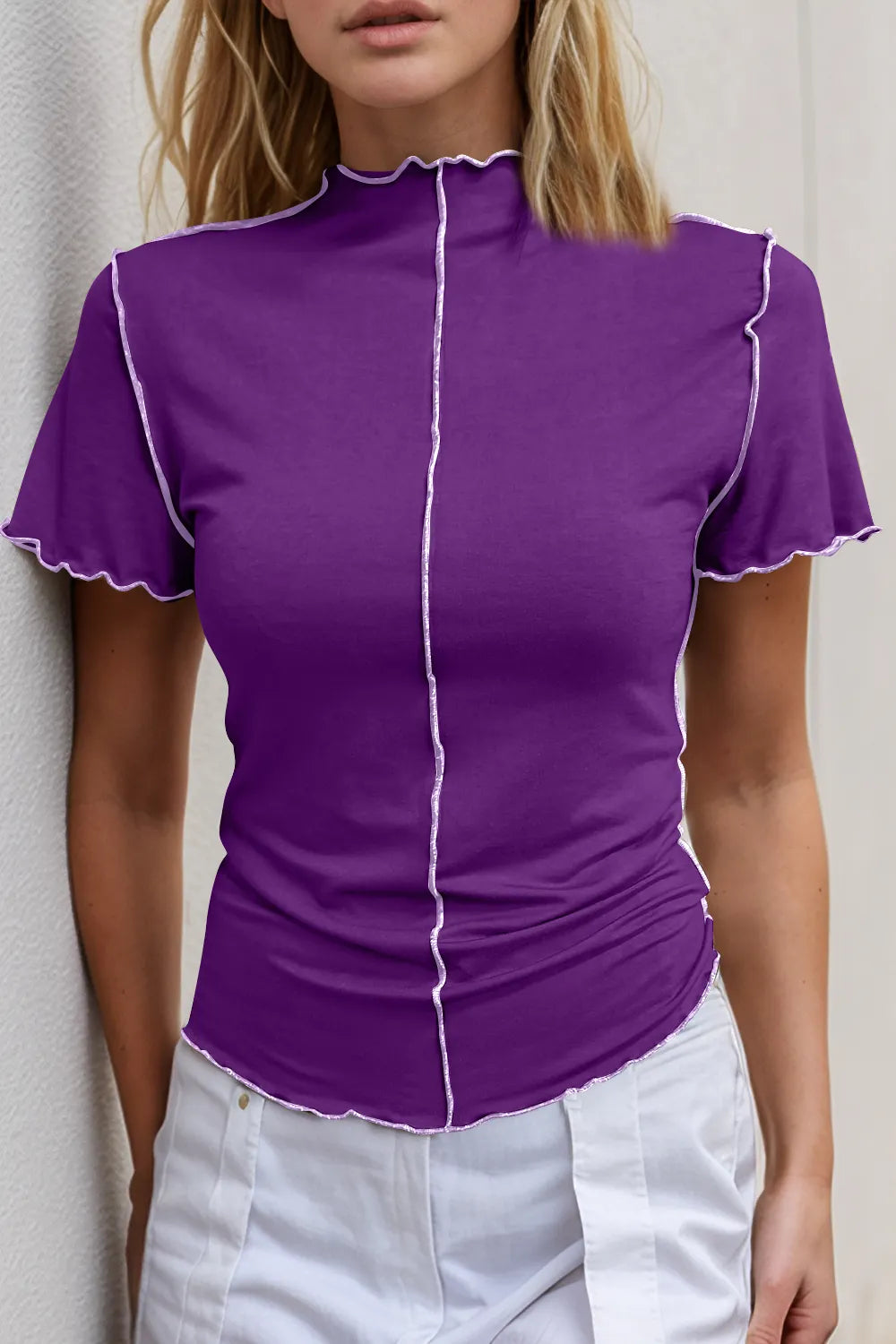 Sarah Express Women's Contrast Trim Mock Neck Short Sleeve T-Shirt - Stretchy Viscose Blend Basic Tee Purple