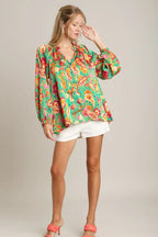 Sarah Express Women’s Paisley Satin Ruffle Neck Button-Up Blouse