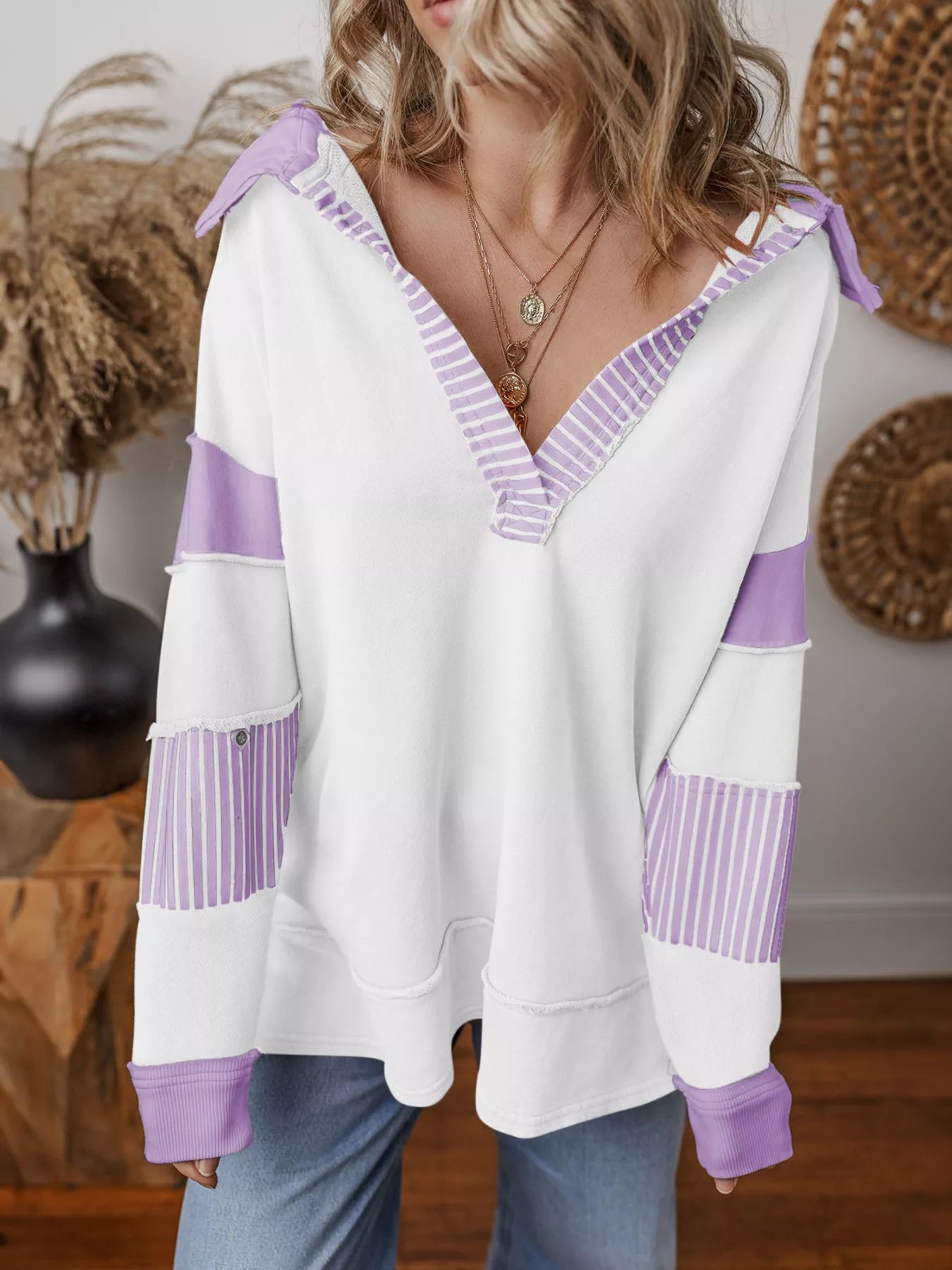 Sarah Express Women's Striped Color Block Long Sleeve Sweatshirt Pink Purple