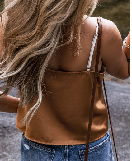 Khaki Chevron Color Block Tank Top Spaghetti Straps Sleeveless