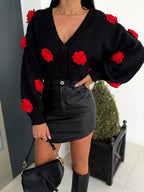 Sarah Express Women's Rose Embellished V-Neck Cardigan - Button Front Sweater